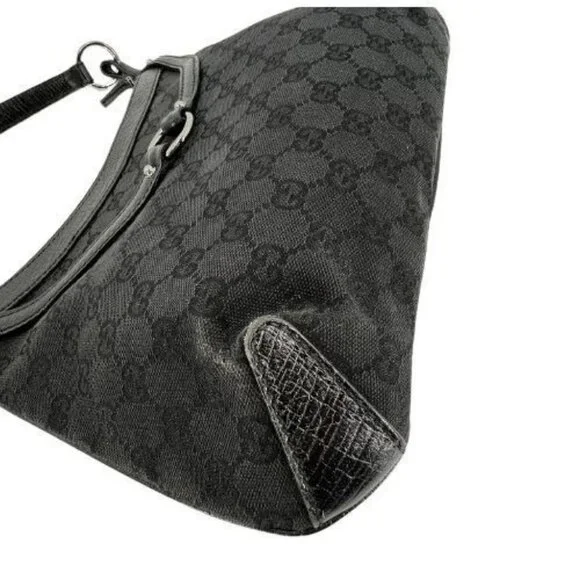 Authentic Gucci GG Horsebit Canvas Hobo Shoulder Tote Bag Leather Monogram Black - Picture 3 of 7